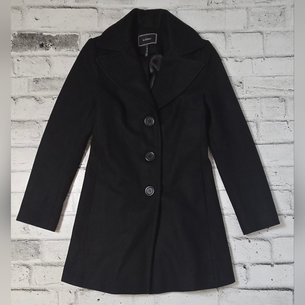 Le Château Woolmark Black Wool Blend Coat – XXS Fitted Long Jacket - Picture 3 of 12